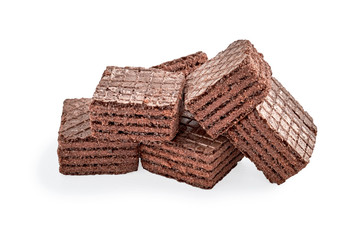 pile of chocolate square brownie wafer biscuits isolated on white