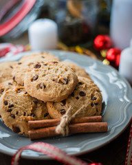 Fototapeta na wymiar Homemade chocolate chip cookies on a gray plate. Favorite dessert for chocolate lover. Image