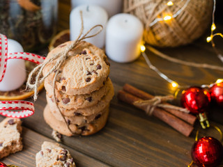 Homemade chocolate chip cookies. The cookies are tied together with ribbons