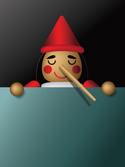 Wooden boy with long nose from lying. Banner design with copy space. Eps10 vector illustration..