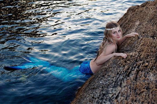 the mermaid is basking on the seashore
