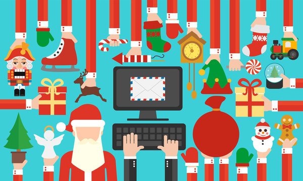 Happy New Year modern design flat online sending letter  with Santa Claus.Vector illustration
