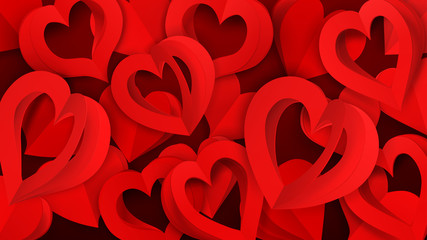 Background with many paper volume hearts with holes, in red colors