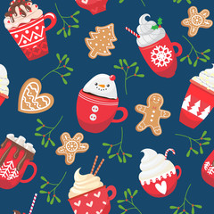 Seamless pattern with holiday hot drink and dessert. Funny cups. Cacao, tea, coffee, milk, cookie.Vector illustration