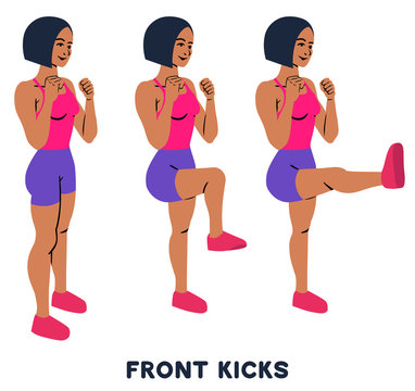 Front Kicks. Sport Exersice. Silhouettes Of Woman Doing Exercise. Workout, Training.