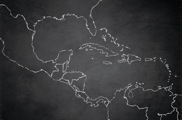 Caribbean islands Central America map, state names, separate states, blackboard chalkboard raster blank