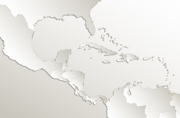 Caribbean islands Central America map, separate states, card paper 3D natural raster blank