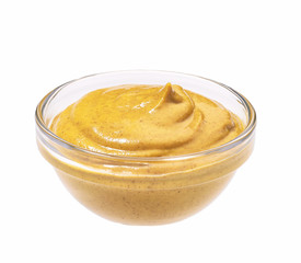Mustard sauce, mustard in bowl isolated on white