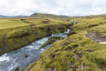 Landscape above Skogafoss waterfall, moss, scenic, Iceland