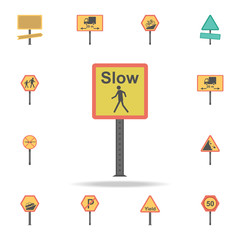 Slow pedestrian sign colored icon. Detailed set of color road sign icons. Premium graphic design. One of the collection icons for websites, web design, mobile app