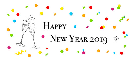 Glückwunschkarte mit Sektgläser, Kleeblätter und Konfetti, Silvester Banner, Neues Jahr 2019, Grafik Illustration isoliert auf weißem Hintergrund