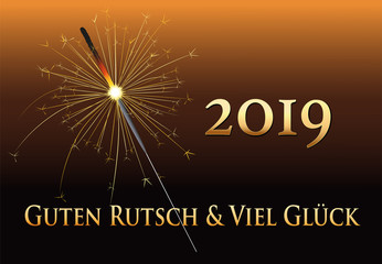 Silvester Karte mit Wunderkerze und Neujahrs Wünsche in deutsch, Silvester Banner, Neues Jahr 2019, Grafik Illustration auf dunklem Hintergrund