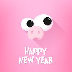 Happy New Year card with pig nose, cartoon eyes and text on pink background. Flat design. Vector.