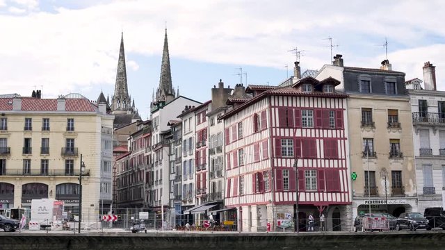 Bayonne, in southwestern France, filmed in october 2018. View of the city centre. In the background, you can see the towers of the cathedral.