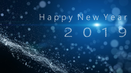 The particle merges into a Happy new year 2019 with light ray beam. Particle snow flake background.
