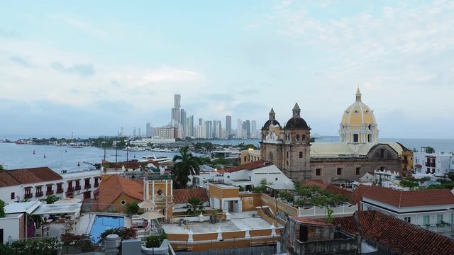 View over Old Town towards San Pedro Claver Church and Bocagrande, Cartagena, Bolivar Department, Colombia