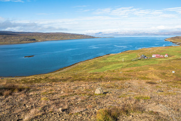 Wide panoramic view, fjord in west fjords region, Iceland