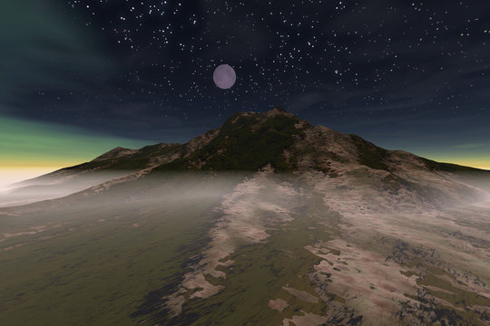 Mountain, a night landscape, fog on the ground, moon and stars in the sky.