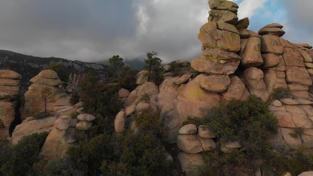 An aerial view of hoodoos and low clouds on Mt. Lemmon, Arizona.