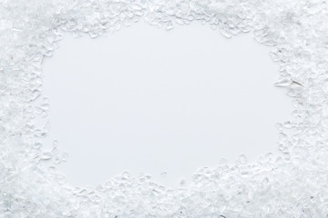 crashed ice cubes frame on marble kitchen table top view mock up