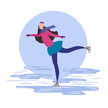 recommend clip art: Woman skating on ice rink, flat design vector illustration,  young girl wearing skate boots making move, for advertising, web graphics, infographics, sport.