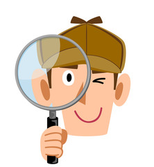 虫眼鏡を覗く探偵　顔　笑顔
