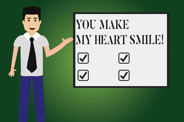 Conceptual hand writing showing You Make My Heart Smile. Business photo text Expressing roanalysistic feelings good emotions Man with Tie Talking Presenting Blank Color Square Board