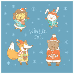 Cute cartoon animals set. Bear, fox, hare and hedgehog in clothes. Vector contour  image. Children's illustration. Winter time. Funny characters.