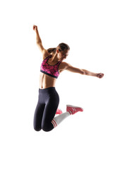Fototapeta na wymiar happy fit runner girl jumping
