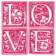 Love word made of flowers and leafs. Wedding invitation design. Valentines day postcard