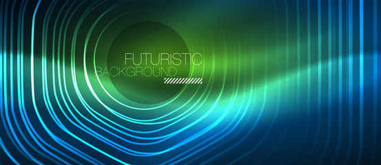 Neon glowing lines, magic energy space blue light concept, abstract background wallpaper design