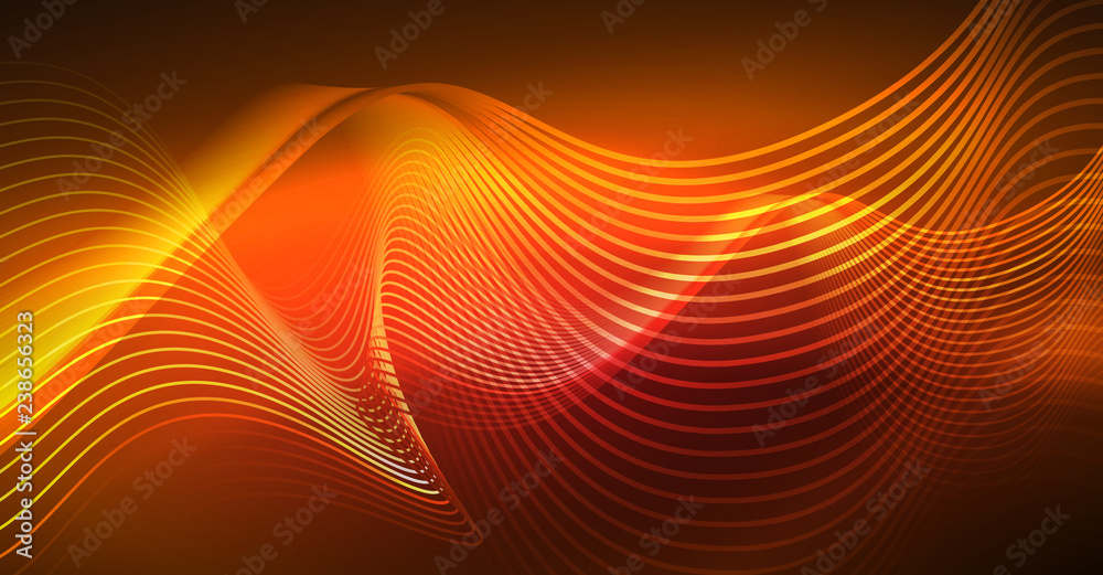 Wall mural abstract shiny glowinng color wave design element on dark background - science or technology concept