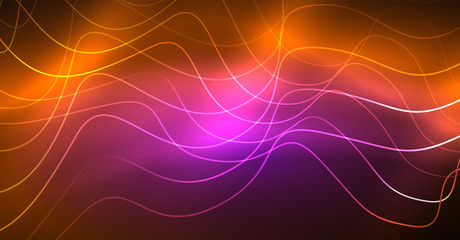 Abstract shiny glowinng color wave design element on dark background - science or technology concept