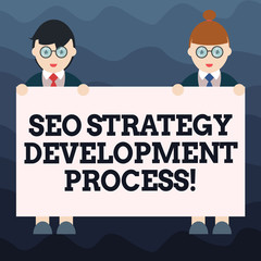 Writing note showing Seo Strategy Development Process. Business photo showcasing Search Engine Optimization develop Male and Female in Uniform Holding Placard Banner Text Space