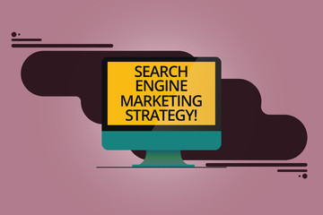 Handwriting text Search Engine Marketing Strategy. Concept meaning Advertising promotion optimization Mounted Computer Monitor Blank Reflected Screen on Abstract Background