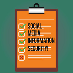 Text sign showing Social Media Information Security. Conceptual photo Safety in online multimedia services Lined Color Vertical Clipboard with Check Box photo Blank Copy Space