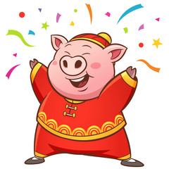 Joyful Pig Celebrating Chinese New Year – Festive Cartoon Illustration