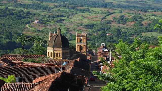 View towards La Inmaculada Concepcion Cathedral, Barichara, Santander Department, Colombia
