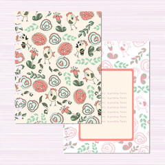 Template card. Chickens and flowers. Birthday invitation. Sketch