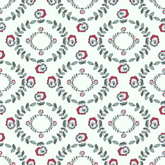 Small red roses, leaves on the background of selenium. texture, wallpaper, seamless. Sketch.