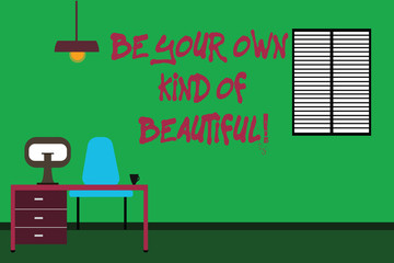Conceptual hand writing showing Be Your Own Kind Of Beautiful. Business photo text Stay different a special kind of attractive Minimalist Interior Computer and Study Area Inside a Room