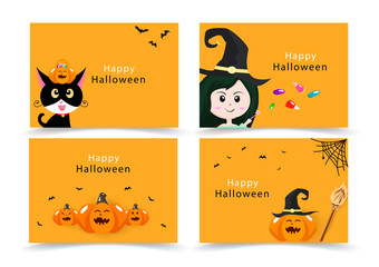 Halloween card, invitation greeting, happy cat, witch, candy and pumpkin party banner kids collection, cartoon flat design cute concept vector illustration