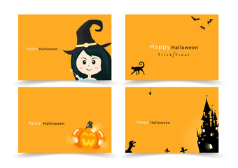 Halloween card lettering invitation greeting, happy party banner collection, cartoon flat design for kids vector illustration