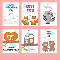 Vector set of cards with cute animals couples