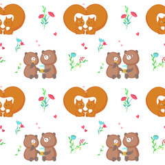 Vector seamless pattern with cute animals couples