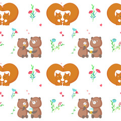 Vector seamless pattern with cute animals couples