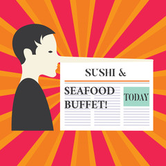 Writing note showing Sushi And Seafood Buffet. Business photo showcasing Japanese food fish dishes available for choose Man with a Very Long Nose like Pinocchio a Blank Newspaper is attached