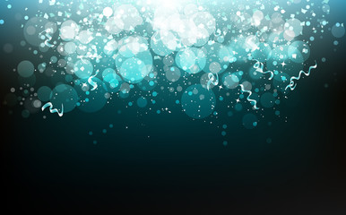 Celebration party festival, stars, ribbons and confetti paper falling, dust, glowing blurry scatter glitter blinking shiny sparkle abstract background vector illustration
