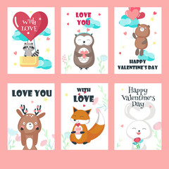 Vector set of love cards with cute animals