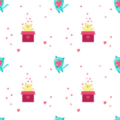 Vector seamless pattern with cute cats in love